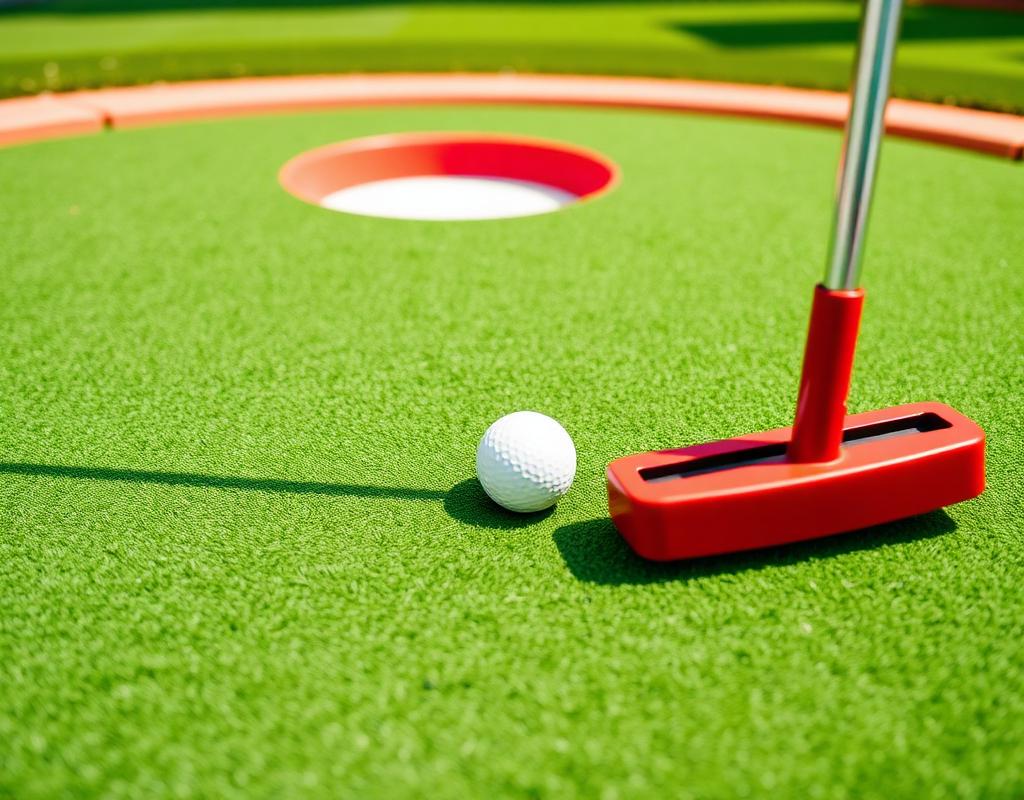 Close-up of red putter and golf ball on the course