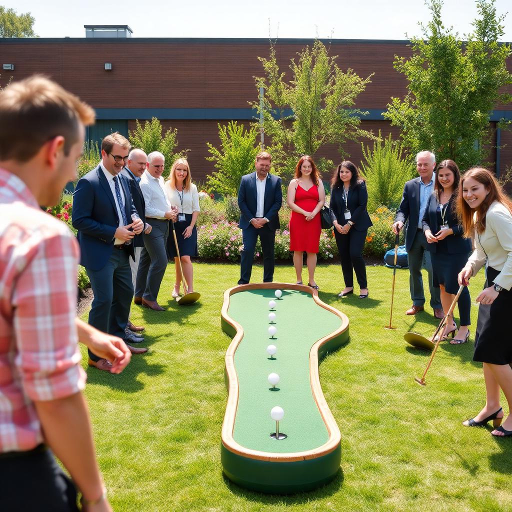 Colleagues playing mini golf at a corporate event