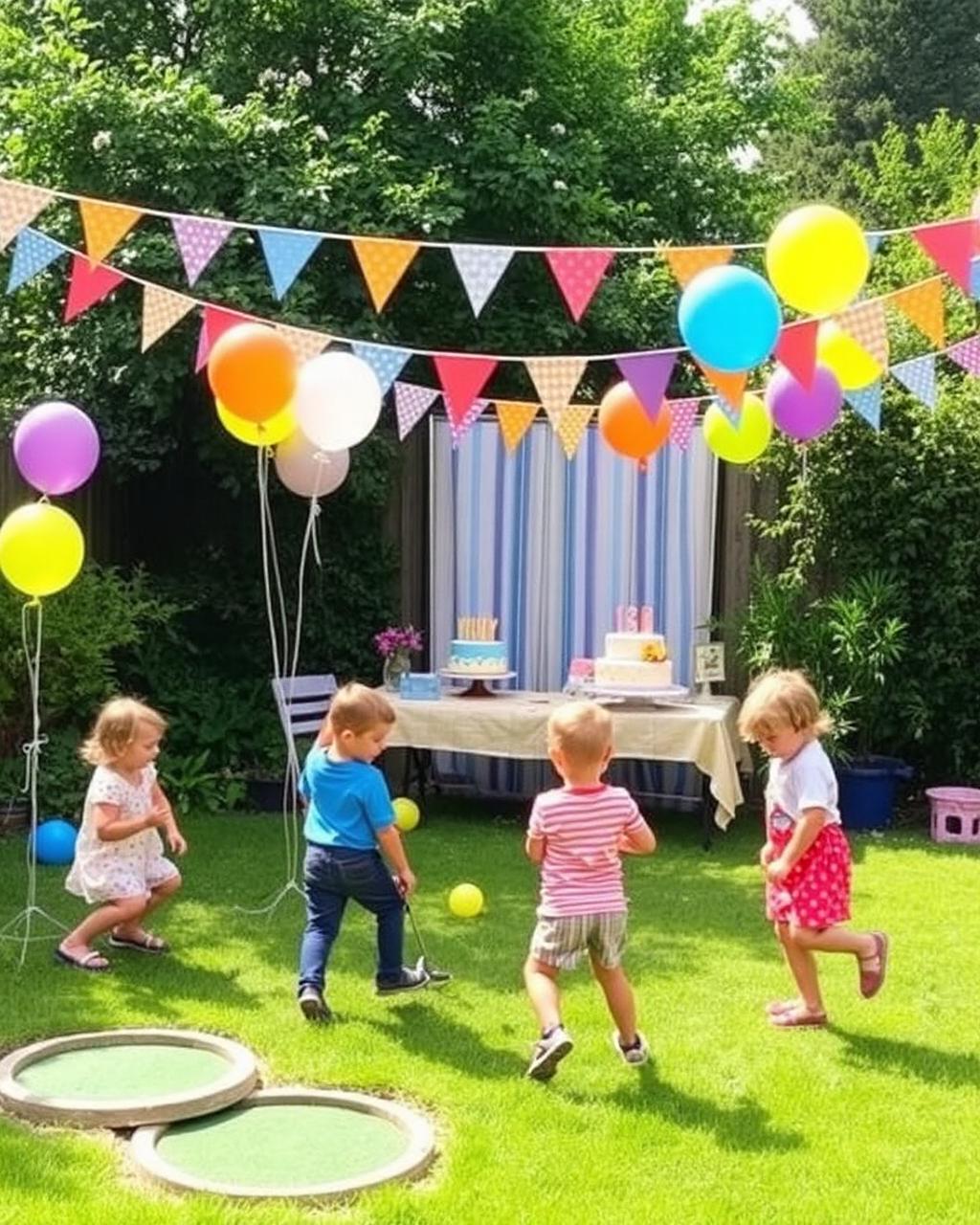 Birthday party with kids playing in the garden